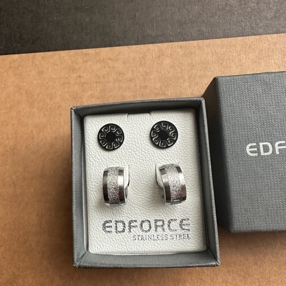 edforce Accessories Edforce Men Diamond Accent Stainless Steel Earrings Set Black Silver
